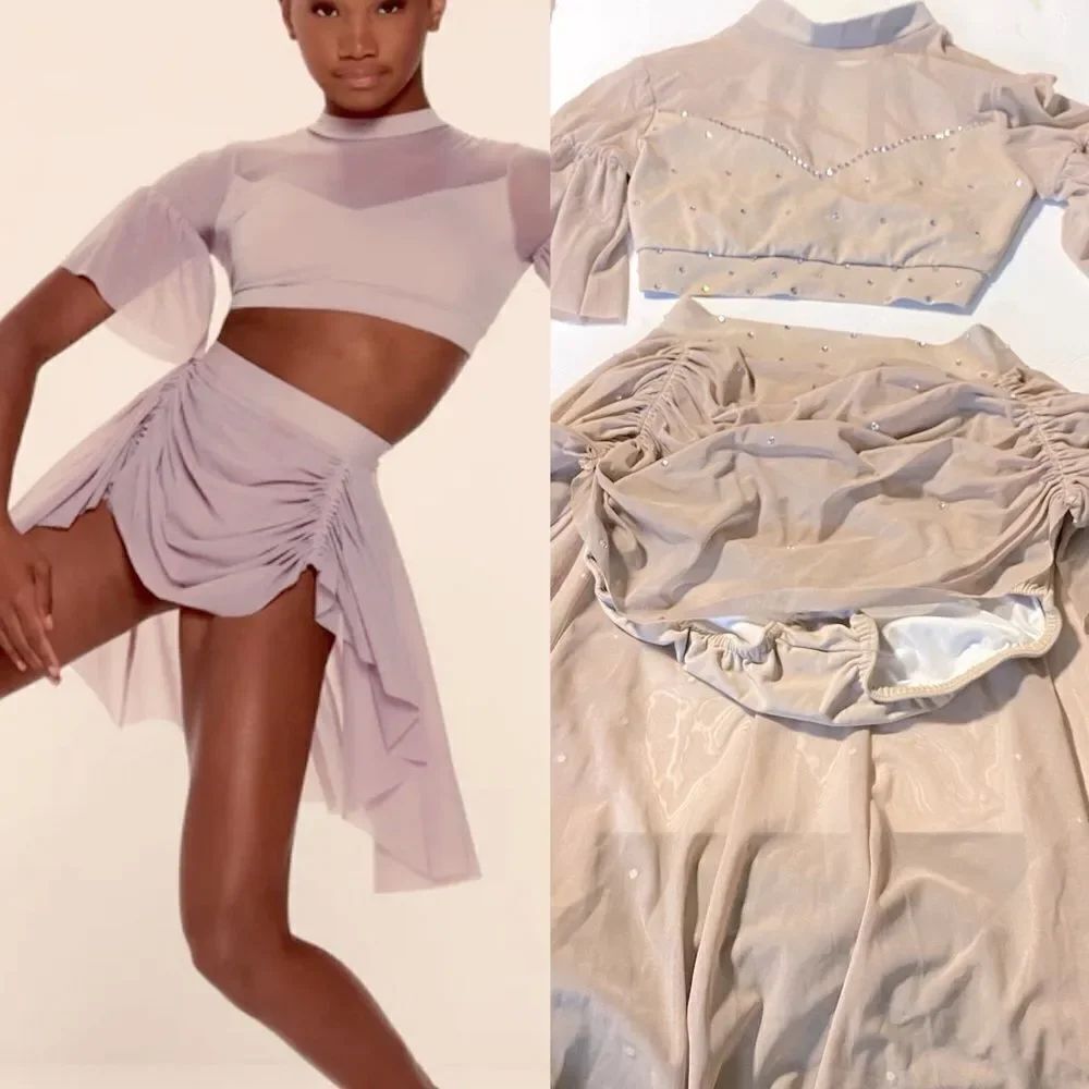 Kelle dance solo costume blush mauve 2 piece 2972 butterflies rhinestone teen